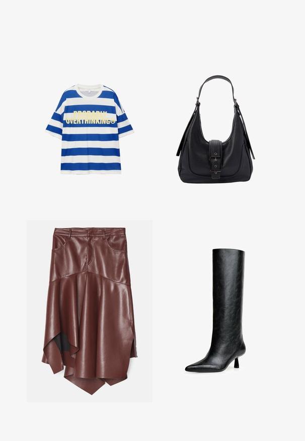 Bavlnená tričko s modro-bielymi horizontálnymi pruhmi. Obsahuje výrazný žltý text "PRAVDEPODOBNE PREMYSLIAM" a grafiku úsmevu. Krátke rukávy.; Hnedá sukňa z umelého semišu s rozšíreným, asymetrickým lemom, ktorý má dve predné vrecká a hladkú, lesklú textúru.; Čierne vysoké čižmy vyrobené z textúrovanej kože. Majú špicatú špičku a malý, rozšírený opätok. Elegantný, hladký design s minimálnymi akcentmi.; Čierna kožená ramenná taška s textúrovaným povrchom, širokým popruhom a uzáverom na tabuľu s obdĺžnikovou prackou a kovovými akcentmi.