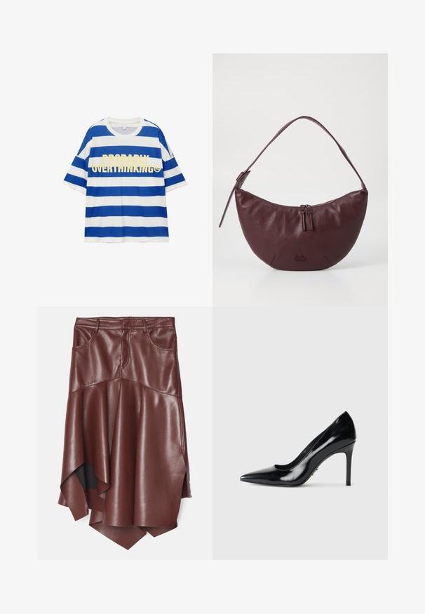 Bavlnená tričko s modro-bielymi horizontálnymi pruhmi. Obsahuje výrazný žltý text "PRAVDEPODOBNE PREMYSLIAM" a grafiku úsmevu. Krátke rukávy.; Hnedá sukňa z umelého semišu s rozšíreným, asymetrickým lemom, ktorý má dve predné vrecká a hladkú, lesklú textúru.; Čierne lakované lodičky s pointovanou špičkou a úzkym ihlovým podpätkom na jednoduchom bielom pozadí.; Vínová kožená kabelka s krivkovým dizajnom, vybavená zipsovým zapínaním, dvoma ťaháčikmi na zips a krátkym ramenným popruhom. Detaily zahŕňajú embosované logo.