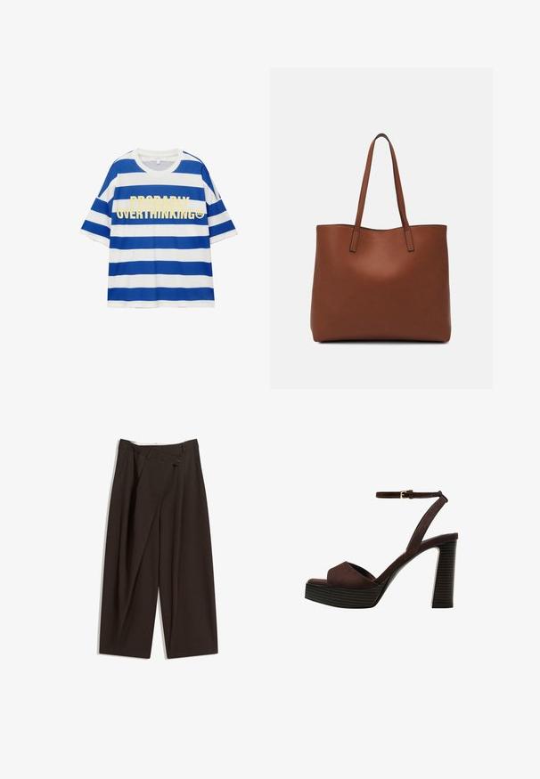 Bombažna majica s horizontalnimi modrimi in belimi črtami. Ima drzno rumeno besedilo "VERJETNO PREOBRAZLJAM" in grafiko nasmejanega obraza. Kratki rokavi.; Temno rjave široke hlače z visokim pasom, ki imajo en gumb za zapiranje in zamaščen sprednji del. Narejene so iz lahkega blaga.; Rjave semiš sandale z visoko peto, odprto spredaj, z nastavljivim gležnjenjem in črtastim podplatom.; Rjava usnjena torba z gladko teksturo, odprto zasnovo zgoraj in dvema naramnima trakovoma. Opremljena je z minimalnim šivanjem in brez vidnih kovinskih delov.