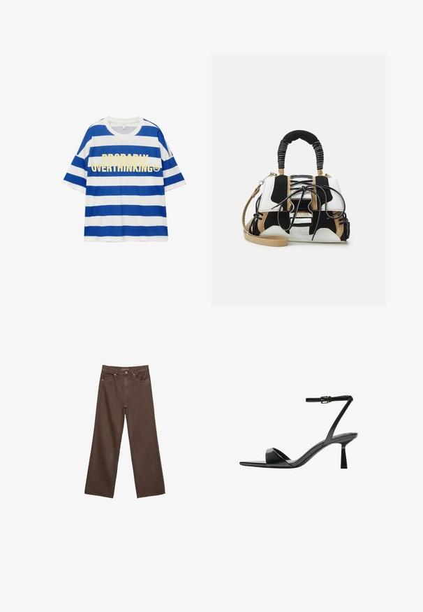 Baumwoll-T-Shirt mit blauen und weißen horizontalen Streifen. Mit fettem gelben Text "Wahrscheinlich überdenke ich es zu viel" und einer Smiley-Grafik. Kurze Ärmel.; Weite braune Jeans aus Denim, mit hoher Taille, Fronttaschen und klassischem Knopfverschluss. Glatte Textur mit feinen Nähten.; Bershka High Heel Sandalette - black; Mehrfarbige Handtasche aus schwarzem, weißem und beigem Netzmaterial. Verfügt über einen strukturierten Griff, ein Schnürdesign und einen abnehmbaren Schultergurt.