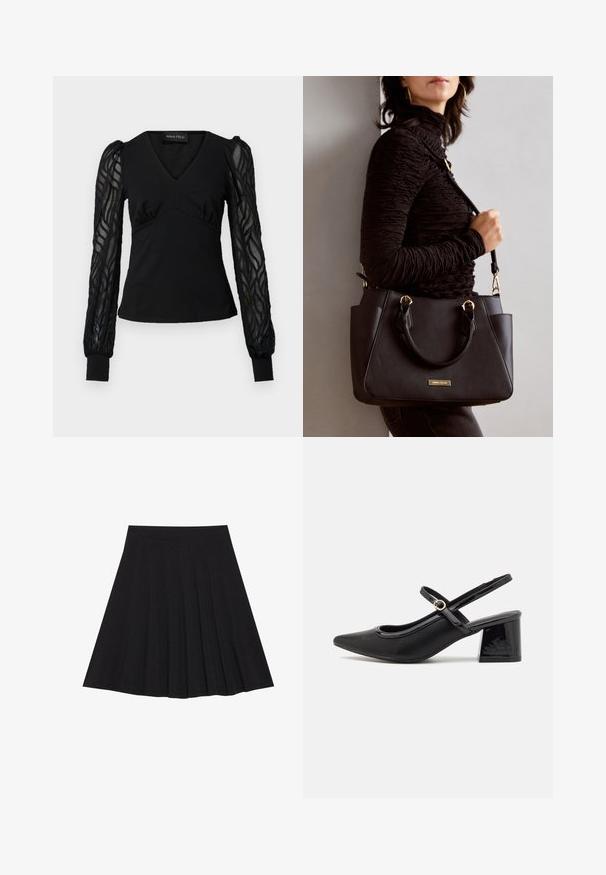 Fekete felső V-nyakkal és testhezálló bodyszal, áttetsző, texturált hosszú ujjakkal és mandzsettás végekkel. Sima anyag, ráncolt részletekkel.; Fekete, pliszírozott szoknya texturált anyagból, szűk derékpánttal. Térd alá ér, sima, letisztult vonalvezetéssel.; Fekete lakk bőr, pántos magassarkú cipő, hegyes orral, lekerekített kivágással és tömbsarkal. Arany színű csat díszíti.; Fekete kézitáska texturált felülettel, dupla felső fogantyúval és állítható vállpánttal. Arany színű fém kiegészítők és oldalsó zsebek találhatók rajta.