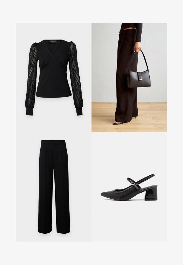 Svart topp med V-hals og tettsittende liv, med gjennomsiktige, teksturerte lange ermer med oppbrettede ender. Glatt stoff med plissert detalj.; Svarte vide bukser med en glatt tekstur, med flat front, folder og en skreddersydd midje. Ingen synlig maskinvare eller mønster.; Sorte lakk lær slingback hæler med spiss tå, et avrundet utskjæringsdesign og blokkheel. Har en gulltone spenne som detalj.; Svart håndveske med strukturert form, jevn tekstur og metallisk lås. Kombinert med brede svarte bukser og sandaler med åpen tå på tregulv.