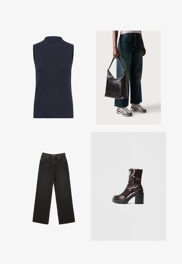 Navy bezrukávový rolák vyrobený z rebrovanej tkaniny, s priliehavým strihom a hladkou textúrou. Žiadne viditeľné vzory ani ozdoby.; Čierne široké džínsy vyrobené z denimu, s malými bodkovanými vzormi, klasickým dizajnom s piatimi vreckami a zapínaním na gombík a zips.; Lesklé burgundské kotníkové boty s robustním černým podpatkem, s hladkou strukturou a jednoduchým designem. Bez viditelných zapínání nebo vzorů.; Čierna kožená taška cez rameno s hladkou textúrou a nastaviteľným popruhom, skombinovaná s vyblednutými širokými džínsy a športovými teniskami.