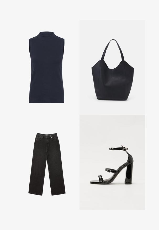 Marineblå ærmeløs høj hals top lavet af ribbet stof, med en tætsiddende pasform og glat tekstur. Ingen synlige mønstre eller udsmykninger.; Sorte brede jeans lavet af denim, med små prikkede mønstre, klassisk fem-lomme design og en knap- og lynlåslukning.; Sorte patenterede hælsandaler med firkantet tå, ankelremme og sølvspænder. Har en chunky blokHæl for stabilitet.; Sort tote taske lavet af glat læder, med en buet, åben top, to skulderstropper og et minimalistisk design.
