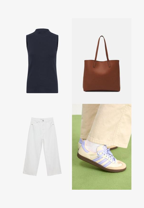 Námořnická bezrukávová roláková top s jemně žebrovanou tkaninou, který má těsně padnoucí střih a hladkou strukturu. Žádné viditelné vzory nebo dekorace.; Bílé široké džíny z denimu s vysokým pasem, které mají pět kapes a kovové ozdoby. Hladký povrch, bez viditelných vzorů.; Krémové a levandulové tenisky se třemi pruhy a texturovanou hnědou podrážkou, vybavené tkaničkami a polstrovanou patou. Měkký textilní svršek.; Hnědá kožená taška přes rameno s hladkou texturou, otevřeným designem a dvěma ramenními popruhy. Obsahuje minimální švy a žádné viditelné kovové prvky.