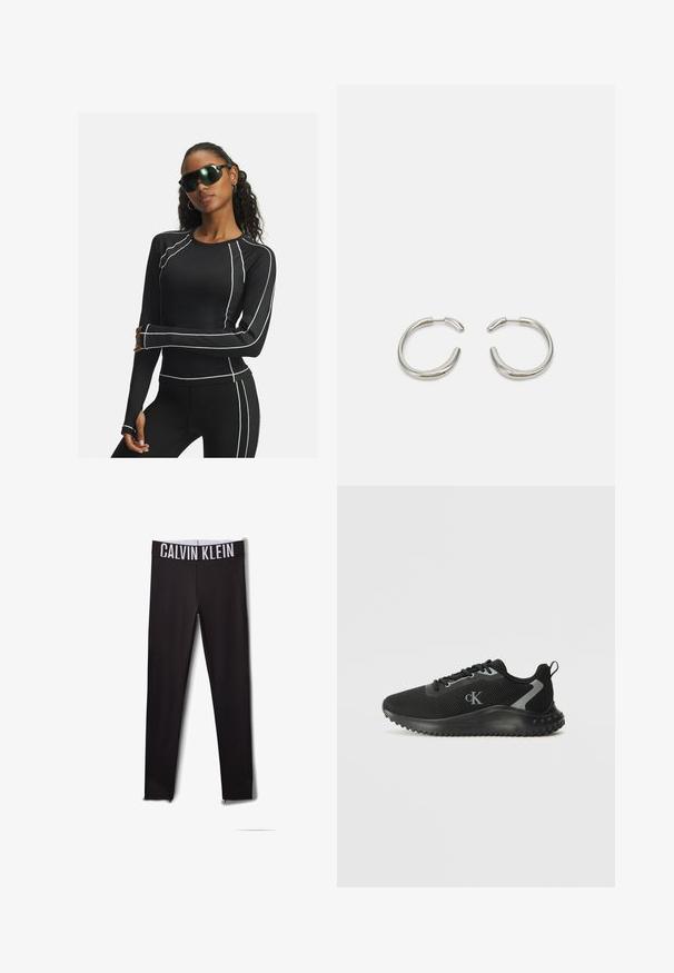 Zwart lange mouwen sporttop met witte accentnaden en meshpanelen, gecombineerd met zwarte leggings en futuristische zwarte zonnebril.; Zwarte leggings met een wit 'CALVIN KLEIN' logo op de tailleband. Glad materiaal, aansluitend ontwerp, met mesh accenten bij de enkels.; Zwarte lage sport sneaker met ademend mesh, vetersluiting, textuurzool en "cK" logo aan de zijkant.; Zilveren hoepeloorbellen met een glad, rond ontwerp en een strakke, gepolijste afwerking. Heeft een minimalistische vorm met een lichte opening.