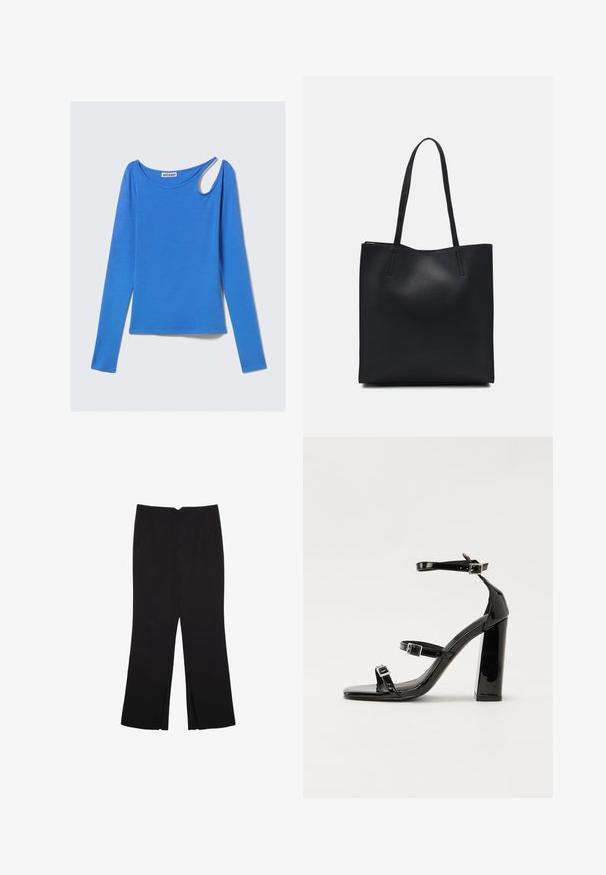 Plava majica dugih rukava s okruglim izrezom i jedinstvenim asimetričnim izrezom na desnom ramenu, položena ravno na bijeloj pozadini.; Crne hlače ravnog kroja, s prednjim džepovima i bočnim prorezima na rubu. Izrađene od mekog i glatkog materijala. Pogodne za razne prigode.; Crne lakirane sandale na pete sa kvadratnim nosom, trakama oko gležnja i srebrnim kopčama. Imaju čvrst blok petu za stabilnost.; Crna kožna torba za nošenje s glatkom teksturom, pravokutnim oblikom i dvije duge ručke. Nema vidljivih metalnih dijelova ili ukrasa.