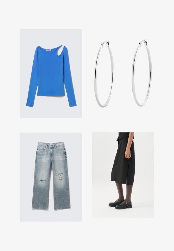 Modra dolgimi rokavi majica s krožnim izrezom in edinstvenim asimetričnim izrezom na desnem ramenu, položena na beli ozadju.; Svetlo modri široki kavbojke z uničenimi podrobnostmi, strganimi robovi in bledim zaključkom. Vključuje sprednje žepke in klasičen pas.; Črna krila do kolen z bočnim razporkom, v kombinaciji s črnimi loaferji in prosojnimi rjavimi nogavicami, ki imajo gladko tkanino in preprost dizajn.; Srebrni obroči za ušesa z gladko, polirano površino in tanko, okroglo obliko. Oblikovanje vključuje varen zaponko.