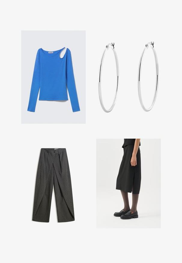Blaues Langarmshirt mit rundem Ausschnitt und einem einzigartigen asymmetrischen Ausschnitt an der rechten Schulter, flach auf einem weißen Hintergrund ausgelegt.; Graue Nadelstreifenhose mit lockerer Passform, einreihigem Knopfverschluss, Falten und weitem Bein. ; Schwarzer knielanger Rock mit seitlichem Schlitz, kombiniert mit schwarzen Loafers und transparenten braunen Strumpfhosen, aus glattem Stoff und mit einem schlichten Design.; Silberne Creolen mit einer glatten, polierten Oberfläche und einer dünnen, runden Form. Das Design verfügt über einen sicheren Verschluss.