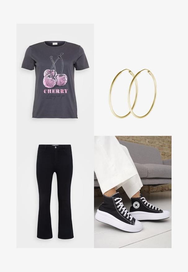 Siva majica s motivom češnje, okrašena ružičastim svjetlucavim detaljima, s riječju "ČEŠNJA" ispisanom u debelom ružičastom fontu i dodatnim tekstom u crnoj boji.; ONLY Carmakoma CARTHUNDER PUSH UP - Kavbojke na trapez - black denim; Črni visoki supergi z belimi gumijastimi podplati in vezalkami. Na njih je okrogel logotip in kontrastno belo šivanje. Iz blaga platna.; Zlate obročaste uhane z gladkim, zaobljenim dizajnom in sijočo končno obdelavo. Lahka konstrukcija z varnim zapiranjem.