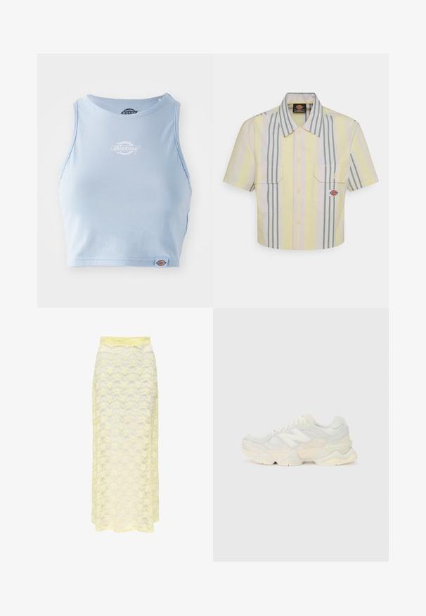 Helle blaue Baumwoll-Crop-Top mit Rundhalsausschnitt, ausgestattet mit einem weißen Drucklogo auf der Brust und einem kleinen Logofähnchen am Saum.; Kurzes, tailliertes Hemd mit kurzen Ärmeln in hellem Gelb mit vertikalen grünen und pastellfarbenen Streifen. Verfügt über zwei Brusttaschen und ein Logo-Patch auf der linken Tasche.; Gelbe Spitzen-Maxiröcke mit einem wellenförmigen Muster, mit einem glatten Bund und einer sanften, durchsichtigen Textur. Entworfen für eine fließende Silhouette.; Leichte Sneaker mit einem Obermaterial aus Mesh und Wildleder in sanften Cremetönen, einer dicken Sohle und dreidimensionalen Akzenten.