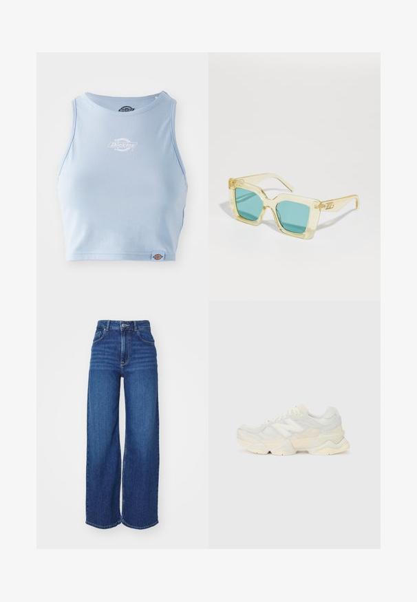 Crop top en coton bleu clair avec un col rond, arborant un logo imprimé blanc sur la poitrine et une petite étiquette logo à l'ourlet.; Chemise à manches courtes, coupée, de couleur jaune clair avec des rayures verticales vertes et pastel. Elle possède deux poches sur la poitrine et un patch logo sur la poche gauche.; Jean à taille haute et jambes larges en denim bleu foncé. Doté d'une fermeture à bouton, de poches avant et d'un ourlet soigné. Texture lisse sur toute la surface.; Sneaker léger avec une tige en maille et en daim dans des teintes crèmes douces, doté d'une semelle épaisse et d'accents tridimensionnels.; Lunettes de soleil jaunes transparentes avec des verres teal, de forme carrée, et un design distinctif des branches angulaires avec un detailing gravé.