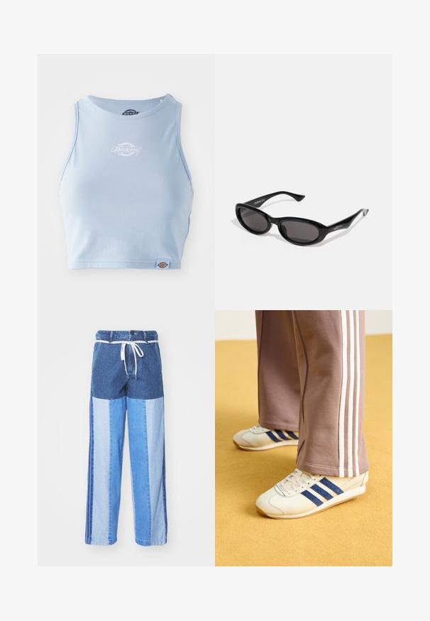 Light blue cotton crop top with a crew neckline, featuring a white printed logo on the chest and a small logo tag at the hem.; Blue denim pants featuring a patchwork design with varying shades of blue, a drawstring waist, and loose, straight-cut legs.; Cream sneakers with blue suede stripes, white laces, and a rubber sole. Paired with gray sweatpants featuring white side stripes.; Black oval sunglasses with dark lenses. The frame is sleek, slightly glossy plastic with angled tips and subtle branding on the temples.