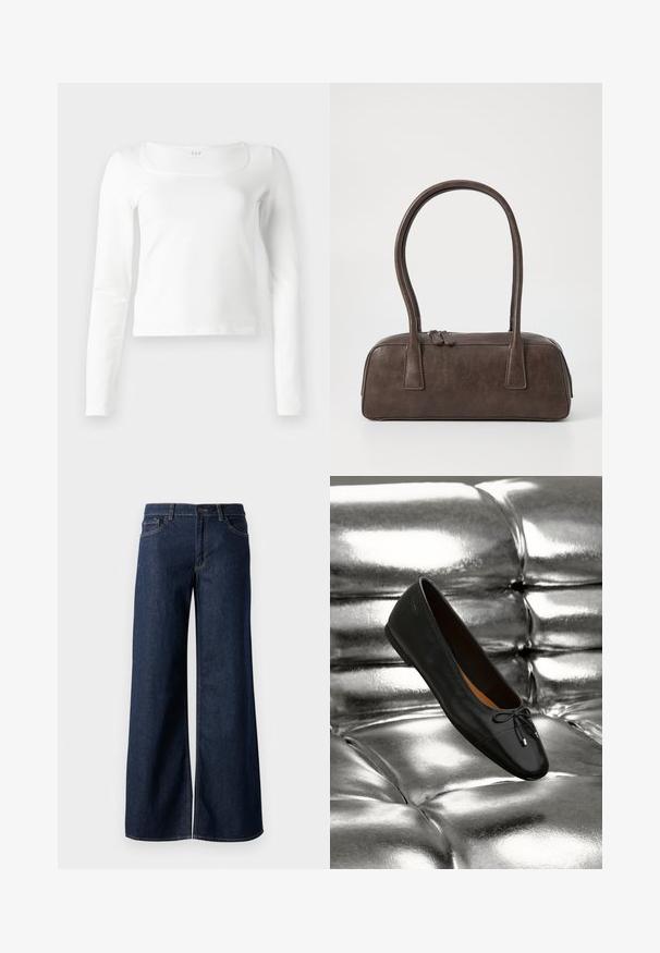 Hvid langærmet tætsiddende top med firkantet udskæring og let cropped længde, vist mod en hvid baggrund.; Bredde ben jeans i mørkeblå denim. Har kontrastsyninger, fem lommer og en knaplukning i taljen. Glat tekstur.; Vagabond JOLIN - Ballerinasko - black; Brun lædertaske med to robuste håndtag, rektangulær form, glat tekstur og lynlås lukning. Minimalistisk design uden synlige mønstre.