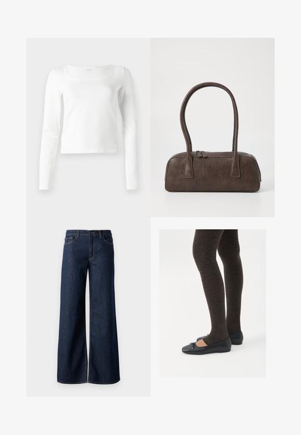 White long-sleeve fitted top with a square neckline and slightly cropped length, displayed against a white background.; Wide-leg jeans in dark blue denim. Features contrast stitching, five pockets, and a button closure at the waist. Smooth texture.; Black flat shoes with a small bow detail at the toe, paired with dark brown ribbed tights. Shoes have a smooth texture and low profile.; Brown leather handbag with two sturdy handles, rectangular shape, smooth texture, and zip closure. Minimalist design with no visible patterns.
