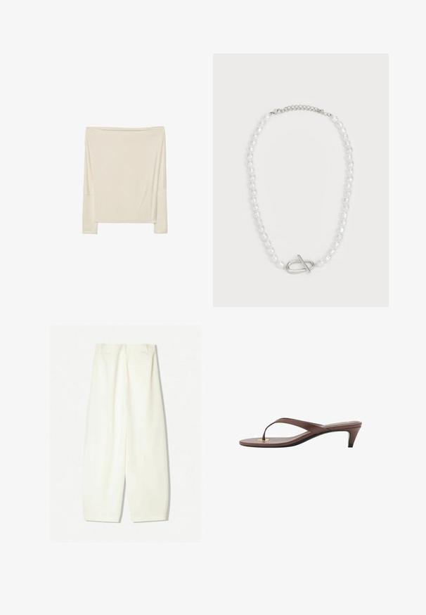 Langærmet off-white top lavet af blødt materiale med en afslappet pasform, der har en åben halsudskæring og dropped skuldersømme.; Bredde bukser i et blødt cremfabric, med en glat tekstur, forreste lommer og en afslappet pasform med en mid-rise talje.; Brune hælflip-flop sandal med en slank rem og rund tåpost, der har et lille guldaccent på fodsengen.; Hvid perlekæde med varierede former og størrelser, med en sølv toggle-lukning. Glat tekstur med skinnende finish.