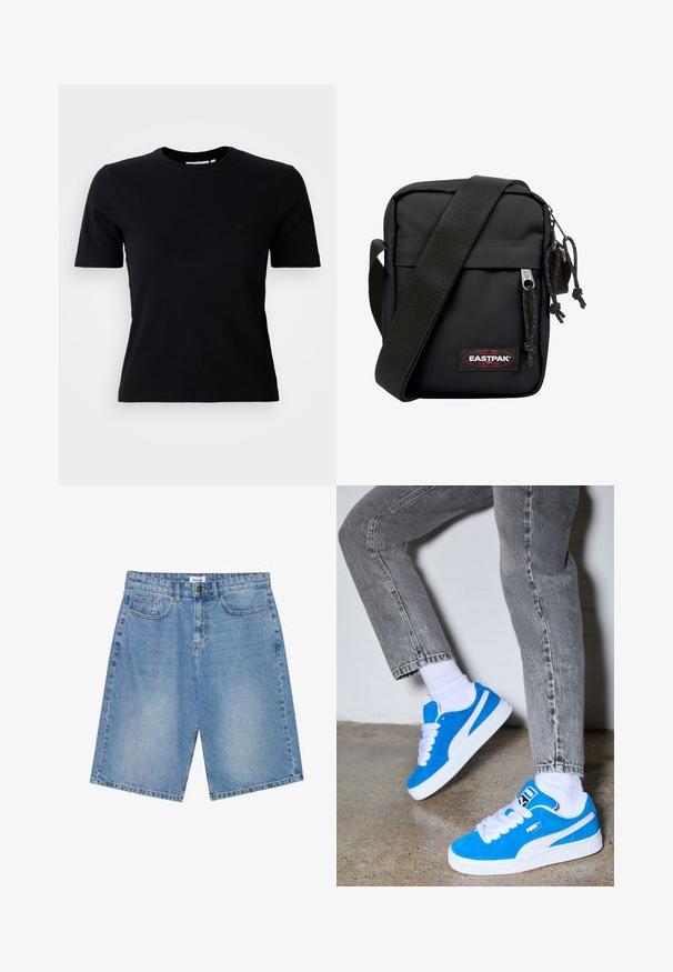 T-shirt nera a maniche corte con scollo rotondo; presenta un logo discreto sul petto; realizzata in un tessuto morbido e testurizzato.; Shorts in denim di colore azzurro chiaro con un taglio dritto, design a cinque tasche e cuciture a contrasto. Presentano una chiusura con bottone e cerniera.; Sneakers in suede blu con dettagli e lacci bianchi, dotate di suola in gomma bianca. Indossati con jeans in denim grigio e calzini bianchi.; Borsa a tracolla Eastpak nera realizzata in tessuto resistente, dotata di tasca frontale con zip, tracolla regolabile e patch con logo.