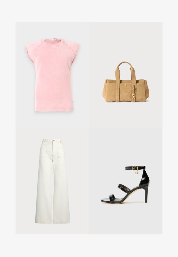 Pink sleeveless T-shirt in soft fabric, featuring a round neckline and raw-edge armholes with contrasting stitching details.; Black leather shirt with a button-up front, pointed collar, and two chest pockets. Features a loose fit and smooth texture.; Wide-leg jeans in off-white denim. High-waisted design with a button closure, two front pockets, and contrast stitching details.; Black patent leather sandal with three straps, ankle buckle, and 4-inch stiletto heel. Features gold hardware detail and logo charm.; Tan suede tote bag with two top handles, featuring a front pocket, gold hardware detail, and a soft, textured finish.