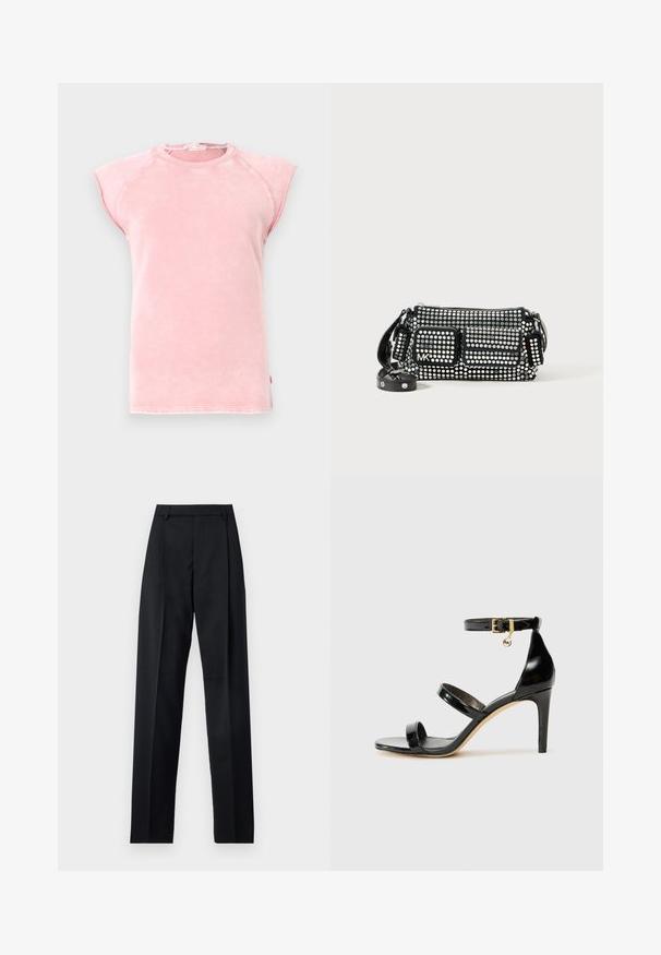Vaaleanpunainen hihaton T-paita pehmeää kangasta, jossa on pyöreä pääntie ja raakareunaiset kainalot erottuvilla ompeluominaisuuksilla.; Mustat nahkapaita, jossa on napitettava etuosa, pitkät kaulukset ja kaksi rintataskua. Ulkonäkö on tilava ja pintamateriaali on sileä.; Musta housut, jotka on valmistettu sileästä kankaasta ja joissa on korkea vyötärö, leveät lahkeet, etukaarteet ja klassiset vyölenkit. Ei näkyviä sivutaskuja.; Musta patentoitu nahkasandaali, jossa on kolme hihnaa, nilkkasolki ja 4 tuuman stiletto-korko. Varustettu kultaisilla yksityiskohdilla ja logokoristeella.; Mustaherra käsilaukku, joka on koristeltu hopeisilla pyöreillä niiteillä, suorakulmaisen muotoinen, etupuolella vetoketjullinen tasku ja säädettävä olkahihna. Logo näkyvissä.