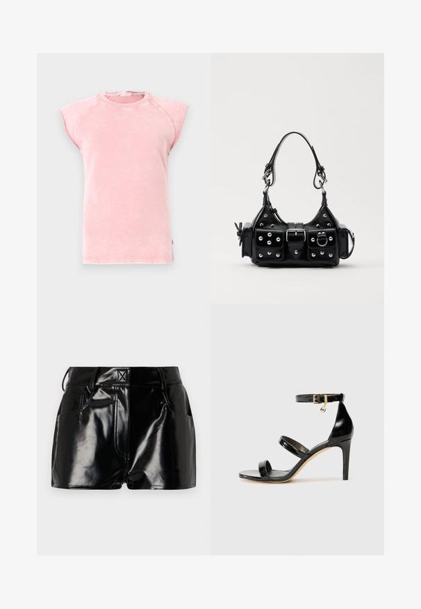 Pink sleeveless T-shirt in soft fabric, featuring a round neckline and raw-edge armholes with contrasting stitching details.; Black, glossy shorts made of synthetic material. Features a fitted waist, belt loops, and front pockets with prominent stitching details.; Black patent leather sandal with three straps, ankle buckle, and 4-inch stiletto heel. Features gold hardware detail and logo charm.; Black leather handbag with a curved design, featuring silver studs, a buckle, and two side pockets. Adjustable strap for carrying options.