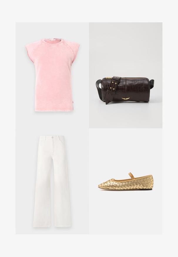 Maglietta senza maniche rosa in morbido tessuto, con scollatura rotonda e giromanica a taglio vivo con dettagli di cucitura a contrasto.; Jeans bianchi a vita alta e gamba larga realizzati in denim. Presentano una chiusura con bottone, due tasche anteriori e cuciture decorative nei lati.; Loeffler Randall LEONIE SOFT BALLET FLAT - Ballerine con cinturino - gold; Borsa in pelle stampata a coccodrillo marrone con forma cilindrica, accessori in tonalità oro e una tracolla staccabile con borchie.
