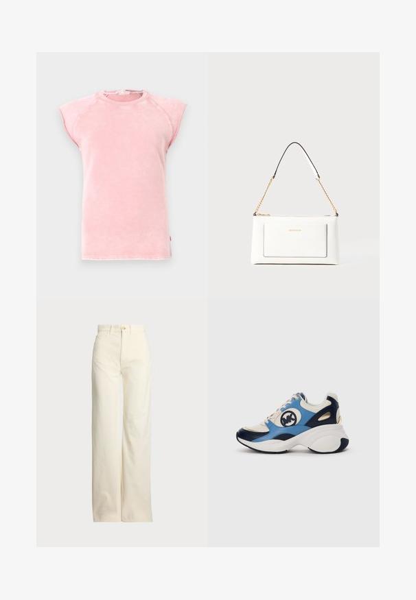 Rosa ermeløs T-skjorte i myk stoff, med rund hals og uferdige armhull med kontraststing detaljer.; Polo Ralph Lauren COTTON CORDUROY WIDE-LEG PANT - Bukse - warm white; Hvit, marineblå og lyseblå semsket sneakers med tykk såle og sirkulært brodert logo på siden.; Hvit lærveske med teksturert overflate, utstyrt med gullkjede for å bære over skulderen og svarte detaljer. Inkluderer en frontlomme og glidelås.