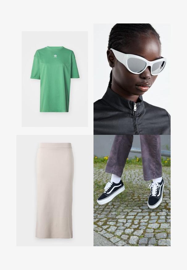 adidas Originals TEE - T-shirts - preloved green; Strikket blyantskjørt i en lys beige farge, med ribbestrikket midjebånd, slank passform og sidesplit for bedre bevegelsesfrihet. Myk tekstur, minimalistisk design.; Svarte semskede joggesko med hvite detaljer, med rund tå, tykk hvit såle og klassisk snøring, båret med hvite sokker og lilla bukser.; Hvite solbriller med et dristig, overdimensjonert design og speilglass, med glatte plastinnfatninger og fremhevede kurver.