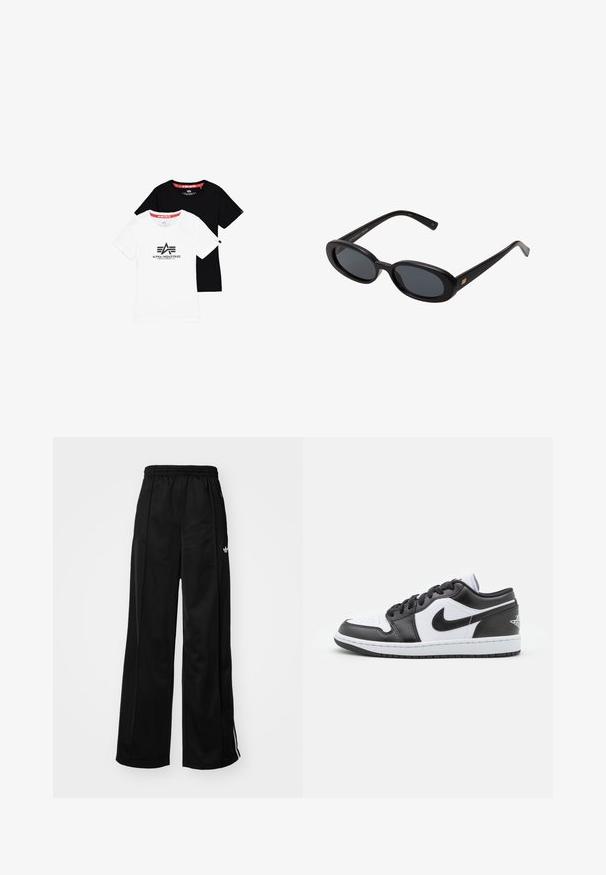 Kaksi peruscrew-neck t-paitaa, yksi valkoinen mustalla logolla ja yksi täysin musta, valmistettu puuvillasta, lyhyillä hihoilla ja suoria helmoja.; Musta leveälahkeinen treenihousut, jossa on elastinen vyötärö, valkoiset sivutossut ja pieni logo vasemmassa lonkassa. Silkkinen kangastunne.; Mustat ja valkoiset Nike matalavartiset lenkkarit, joissa on sileä nahkapinta, pyöreä kärki, nauhakiristys ja kuvioitu kumipohja.; Mustat ylisuuruiset aurinkolasit, jotka ovat soikeat linssit, sileä muovikehys ja kultaiset korostukset temppeleissä. Tummat linssit tarjoavat suojaa auringolta.