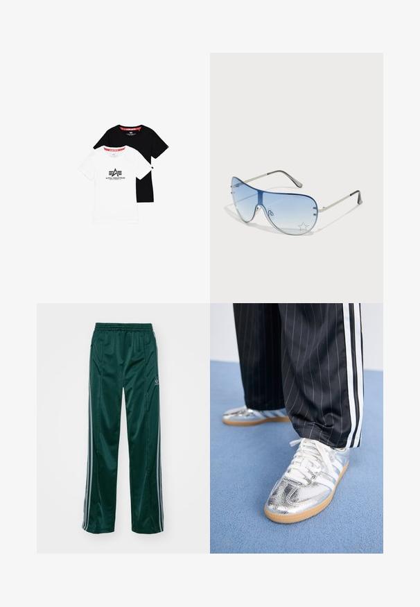 Kaks basic crew neck T-särki, üks valge musta logoga ja teine täiesti must, mis on valmistatud puuvillast lühikeste käistega ja sirgete servadega.; Tumedad roheline sportpants, mis on valmistatud läikivast materjalist, külgedel on heledates hallides triipudes ja vasakul jalal on broderdatud logo.; Metallik hõbedased jooksuketsid valgete paeltega ja kolme valge triibuga, mille juurde on sobitatud mustad triibulised püksid. Allosas kummist tallaga aktsent.; Aviatori prillid, millel on gradient sinine objektiiv, hõbedane metallraam ja dekoratiivsed staaraktsendid objektiivil. Sujuv ja stiilne disain.