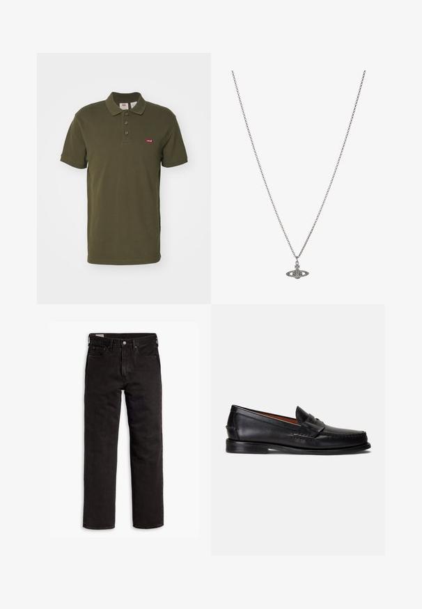 Levi's® Pólóing - olive night; Fekete egyenes szárú farmernadrág öt zsebbel, gombos záródással és övhurkokkal, fehér háttéren elhelyezve.; Fekete bőrből készült mokaszinok sima felülettel, lekerekített orral és díszítő szalaggal a felsőrészén. Alacsony fekete talppal rendelkeznek.; Ezüst lánc nyaklánc, részletes, bolygó formájú medállal, kicsi díszítőelemekkel és összetett mintákkal díszítve.
