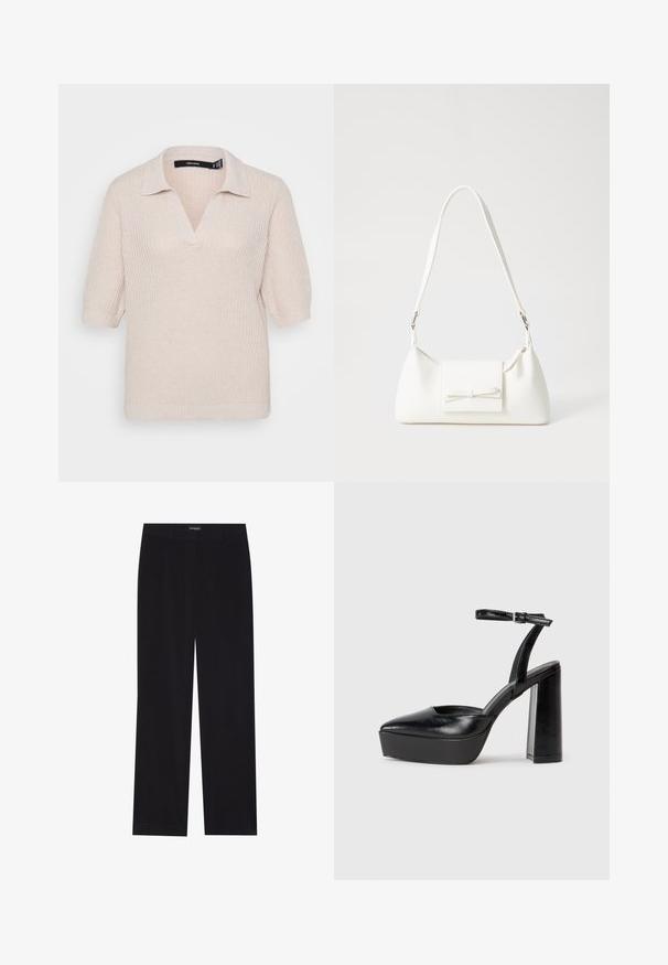 Polo sweater tricotado em bege claro, com mangas curtas, apresentando um decote em V e uma superfície texturizada. Detalhes em ribana na barra e no colarinho.; Calças de veludo cotelê pretas com corte reto, apresentando uma cintura lisa e sem bolsos visíveis, textura suave e detalhe de riscas verticais.; Saltos altos pretos com bico fino e atilho ajustável no tornozelo. Confeccionados em couro suave, apresentam um salto bloco robusto.; Mala sintética branca com formato triangular, aba frontal plana e detalhe de laço, alça ajustável, textura suave e design minimalista.