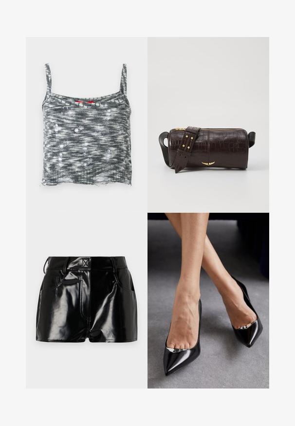 Hallide kudumisest valmistatud lühike heledashall top õhukeste rihmadega, millel on kulunud disain mitmete aukudega ja lõdva äärega. Kaeluse juures punane aktsent.; Mustad, läikivad lühikesed püksid sünteetilisest materjalist. Omab kitsast piha, vöölõike ja esimesi taskuid, millel on silmapaistvad õmbluse detailid.; Mustad kõrgkandilised mustad nahkjalatsid terava nina ja avatud disainiga, millel on dekoratiivne hõbedane aksessuaar. Sile tekstuur läikiva viimistlusega.; Pruunist krokodillimustrist nahast kott, millel on silindri kuju, kuldse tooni metalldetailid ja eemaldatav rihm, kus on nupud.
