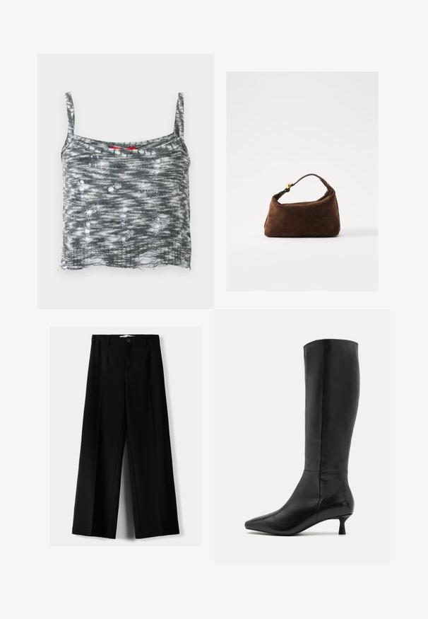 Top corto in maglia grigia con spalline sottili, caratterizzato da un design strappato con più fori e un orlo sfilacciato. Accento rosso sul colletto.; Pantaloni neri a gamba larga realizzati in tessuto leggero, caratterizzati da una chiusura frontale con bottone e frontale piatto, con orli cuciti con precisione.; Zign Stivali alti - black; Borsa a tracolla in suede marrone con forma curvata, manico corto e dettagli in metallo dorato. Texture liscia e design minimalista.; Una pila di due anelli; quello superiore è di ambra con venature, e quello inferiore è di un beige chiaro; entrambi sono in resina liscia e lucida.