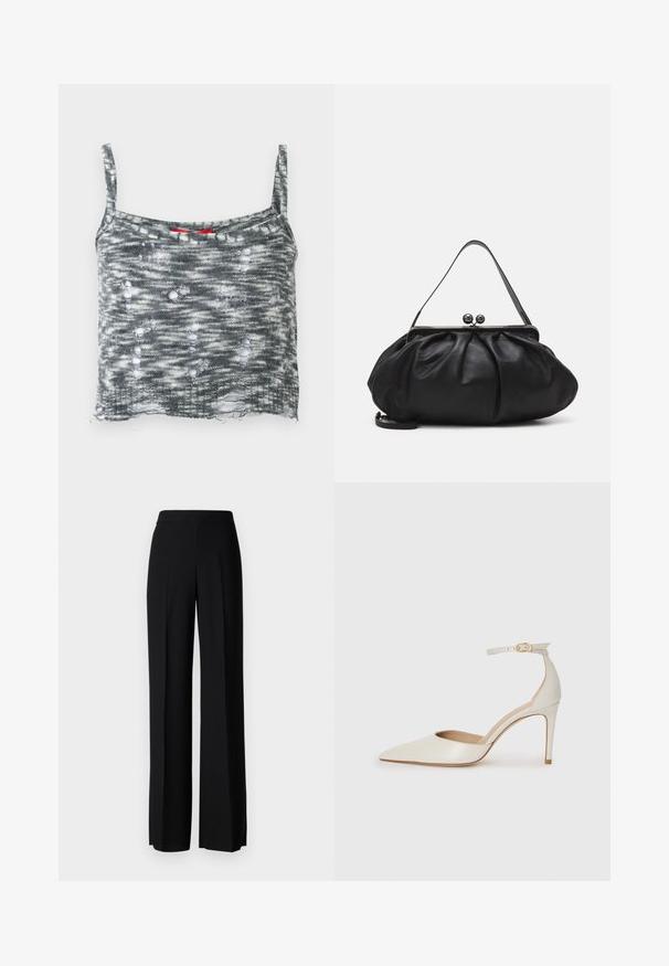 Sivi pleteni kratki top s tankim naramenicama, s ispucanim dizajnom koji ima više rupa i labavim rubom. Crveni detalj na izrezu.; Crne široke hlače s glatkom teksturom, s visokim strukom i središnjim pregibima. Nema vidljivih uzoraka ili hardverskih detalja.; Bijela kožna visoko potpetica s oštrim vrhom, remenom oko članaka i tankom stiletto potpeticom. Glatka tekstura s blagim sjajnim završetkom.; Crna kožna torba s zaobljenim, naboranim dizajnom. Ima metalnu kopču s dva ukrasna gumba i tanki, odvojivi remen.