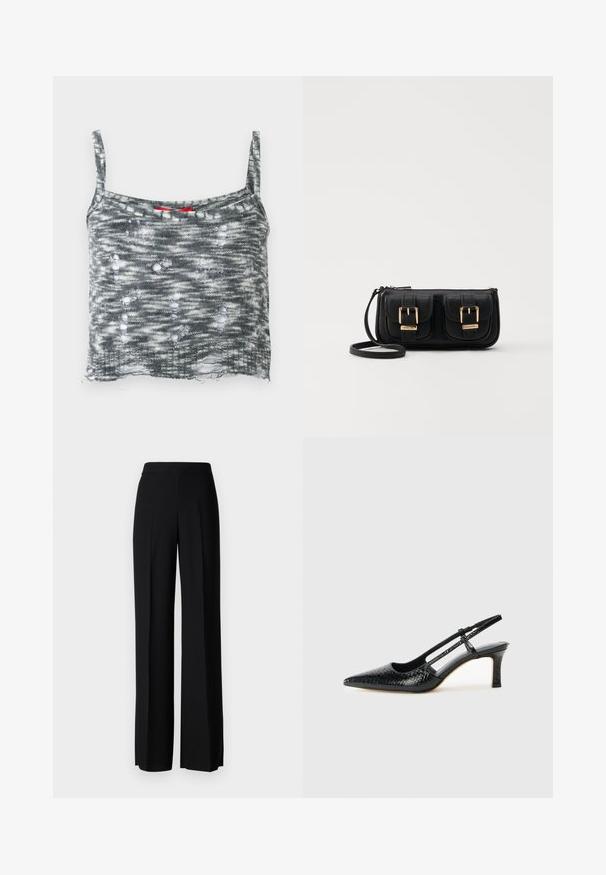 Szary dziany krótki top na ramiączkach z cienkimi paskami, z wyrazistym wzorem z wieloma dziurami i luźnym dołem. Czerwony akcent w okolicy dekoltu.; Czarne spodnie o szerokim kroju, o gładkiej fakturze, z wysokim stanem i centralnymi kantami. Brak widocznych wzorów lub detali metalowych.; Czarne lakierowane czółenka na obcasie typu slingback z wąskim noskiem, z teksturowanym wzorem wężowym, regulowanym paskiem oraz krótkim, teksturowanym obcasem w kształcie słupka.; Czarna skórzana torba na ramię z dwoma przednimi kieszeniami, złotymi klamrami, zamkiem błyskawicznym i cienkim paskiem. Teksturowana powierzchnia i kompaktowy prostokątny kształt.