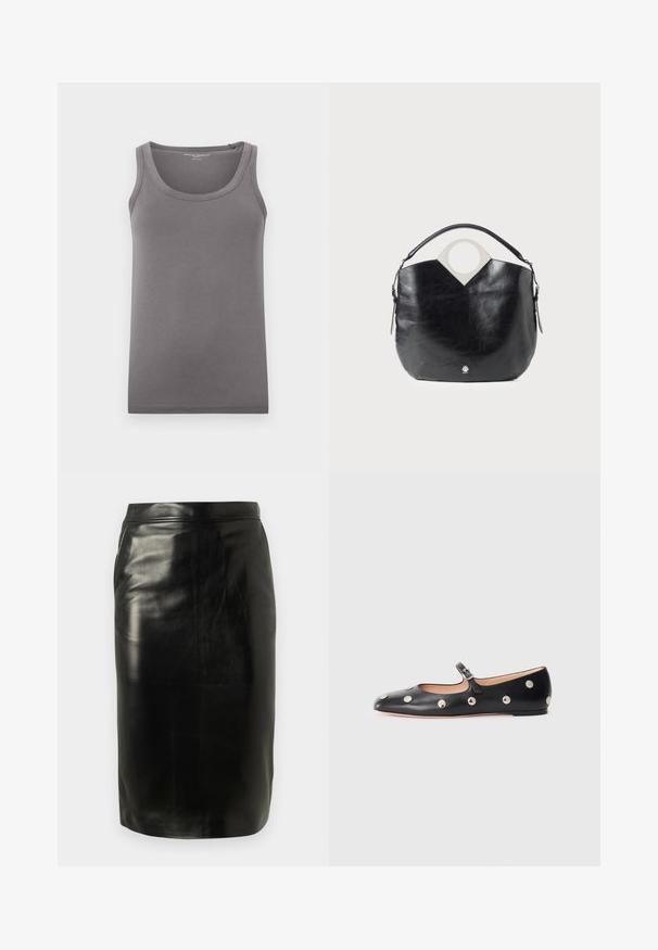 Gray cotton tank top with a rounded neckline and wide shoulder straps. Seamless design with a straight cut at the waist.; Black leather pencil skirt featuring a fitted design, smooth texture, and a clean silhouette with no visible embellishments or patterns.; Black leather Mary Jane flat shoe with a rounded toe, featuring silver circular studs and an adjustable strap with a buckle.; Black leather bag with a curved shape, circular top handle, and silver logo detail. Smooth texture and notable cut-out design feature.