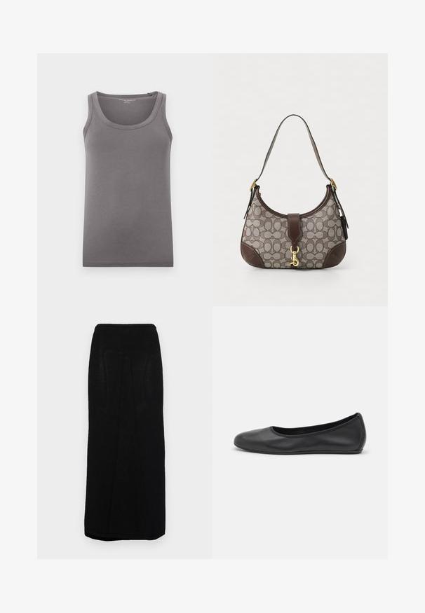 Hallhalli puuvillane tank top, millel on ümar kaelus ja laiad õlavarre rihmad. Õmblusteta disain ja sirge lõige vöökohal.; Must mustrips-sündinud must kardigan, millel on sirge siluett, ribitud vöökoht ja tagasihoidlikud vertikaalsed õmblused külgedel.; Musthave mustika tantsutossud mustast nahast, ümmarguse varbaga, siledast tekstuurist, minimaalse õmblusdetailiga ja paindliku tallakujundusega.; COACH HAMPTONS HOBO BAG IN SIGNATURE JACQUARD - Käekott - oak maple
