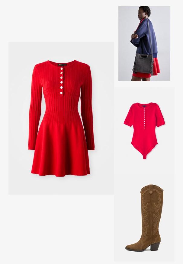 Červený rebrovaný body so zaobleným výstrihom, krátkymi rukávmi a radom šiestich bielych gombíkov na prednej strane. Mäkko a elasticky tkaný materiál.; Červené pletené šaty s rebrovaným vzorom, dlhými rukávmi, priliehavým telom a rozšírenou sukňou. Má okrúhly výstrih a päť bielych gombíkov vpredu.; Hnedé semišové čižmy po kolená s špicatou špičkou, dno so širokým opätkom a dekoratívnym westernovým stehom pozdĺž holene.; Sivá semišová kabelka s strapcami, veľkým otvorom s hornou rukoväťou a tenkým remienkom. Model má na sebe námornícky kabát a červenú sukňu.