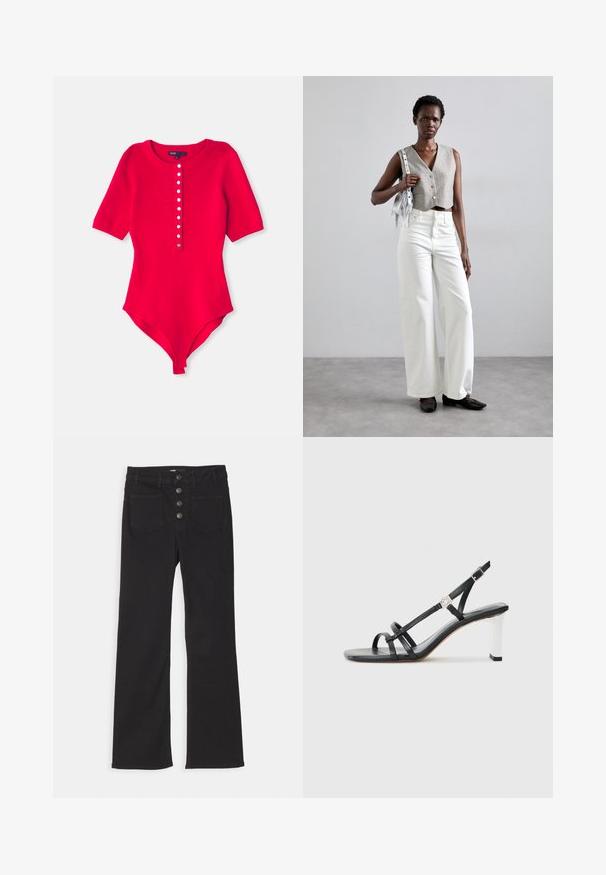 Rød ribbet bodysuit med rund halsudskæring, korte ærmer og en række af seks hvide knapper foran. Blødt, strækbart stof.; Sorte denim flare jeans med høj talje, fem-pockets design og lukning fortil med fire metalknapper.; Sorte hælede sandaler med flere smalle remme, et slingback-design og en sølvaccent på hælen. Glat overflademateriale og firkantet hæl.; Grå cropped vest med knapper, parret med hvide wide-leg jeans og sorte flade sko. Accepteret med en lille sølv frynse taske.