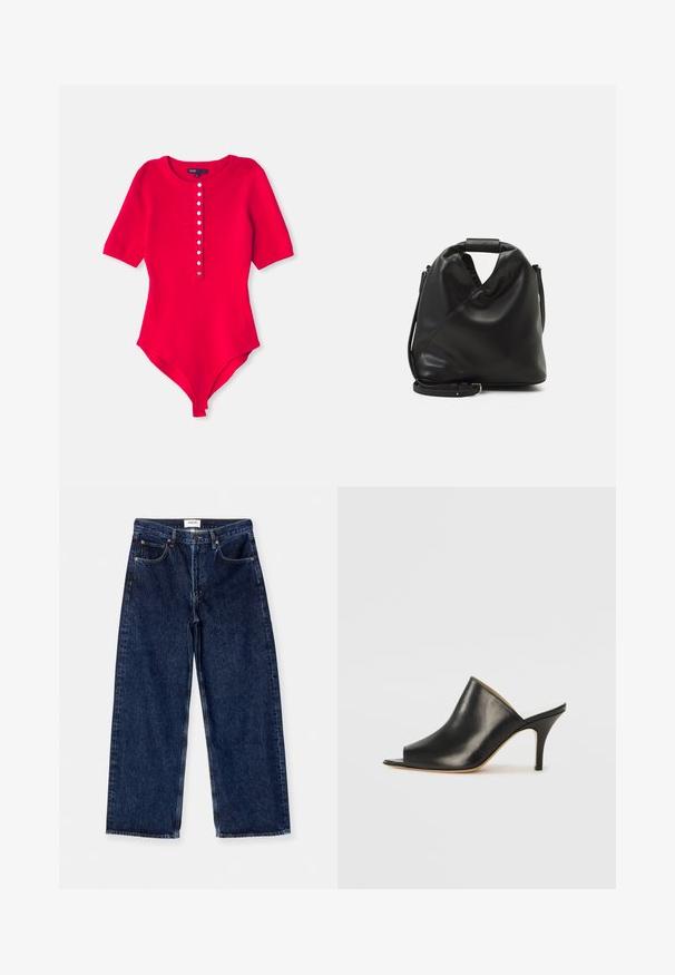 Raudonas raižytas bodis su apvalia iškirpte, trumpomis rankovėmis ir šešiais baltos spalvos mygtukais priekyje. Minkšta, tampri medžiaga.; Tamsiai mėlynos džinsinės plačios kojos kelnės, pasižyminčios aukštu juosmeniu, priekinėmis kišenėmis ir lygia tekstūra su subtiliais siuvinėjimo akcentais.; Juodas odinis atviras mules batelis su elegantišku, kreiviu dizainu, aukštu stiletto kulnu ir lygiu paviršiumi. Vidus turi kontrastingą šviesią spalvą.; Juodas, minkštas odinis krepšys su unikaliu išsuktiniu dizainu. Yra trumpas rankenas ir nuimamas peties diržas. Minimalistinis stilius.