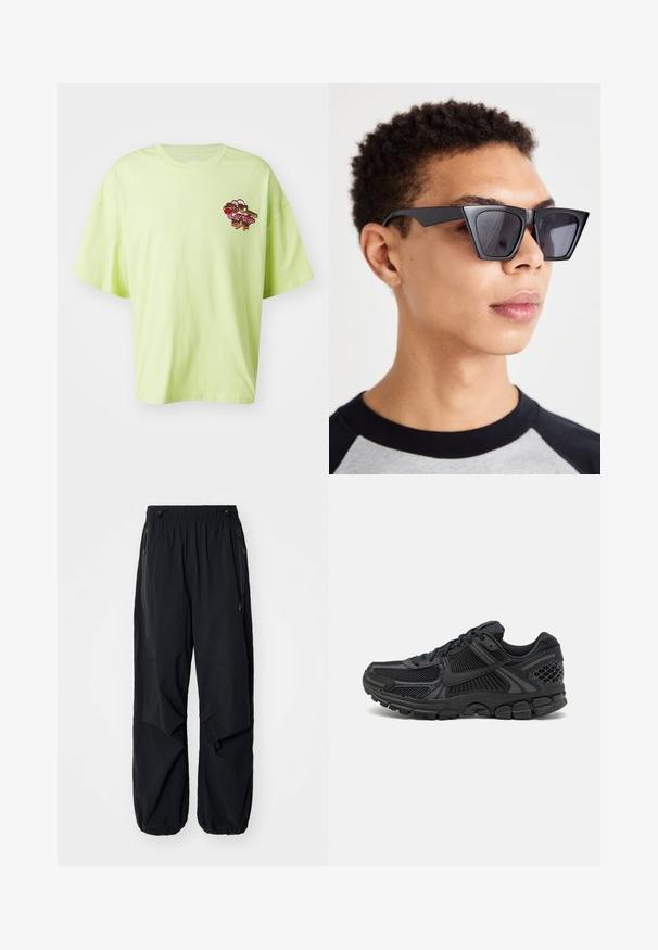 Alpha Industries CANDY CREW - T-shirts med print - arctic lime; Sorte lettvekts cargo-bukser i svart med elastisk midje, sidelommer med glidelås og romslige lommer. Har en løs passform og innsnørede mansjetter.; Sorte atletiske sko med mesh-overdel, gummisåle og teksturerte detaljer. Designet inkluderer uttalt snøringssystem og polstret såle.; Sorte, vinklede solbriller med mørke linser, med et dristigt geometrisk design og en mat finish. Båret af en person med kort hår.