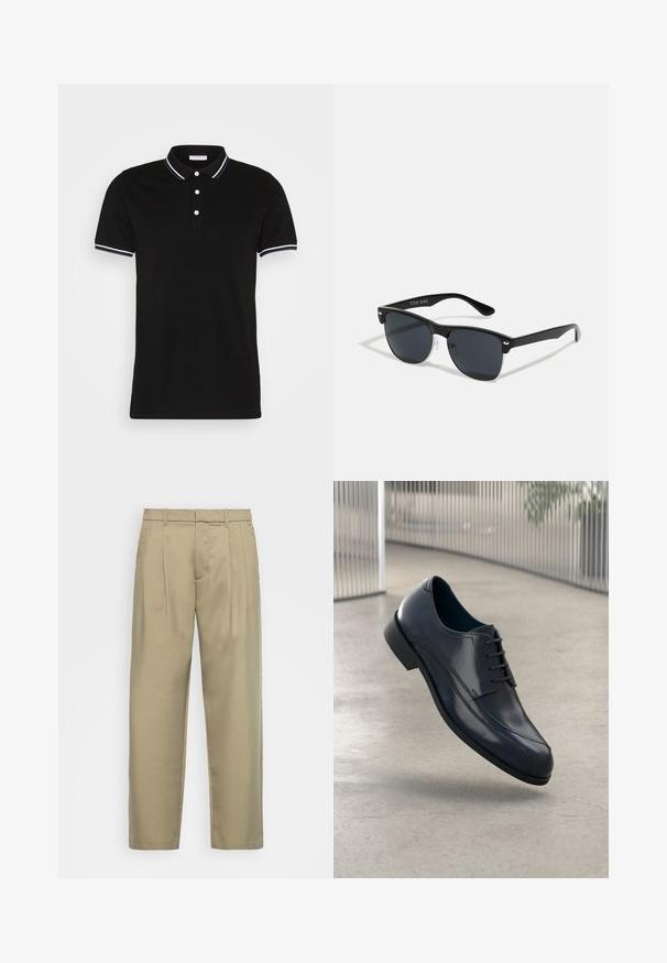 Lindbergh CONTRAST PIPING - Polo - black; Calças bejas de cintura alta com corte reto, apresentando uma frente lisa, bolsos laterais e um tecido suave e texturizado.; Sapato de dress em couro preto brilhante com atacadores, flutuando acima de um chão liso e cinza claro, com barras metálicas verticais ao fundo.; Óculos de sol pretos com forma retangular, lentes escuras, detalhes em prata nas hastes e um acabamento mate na armação.