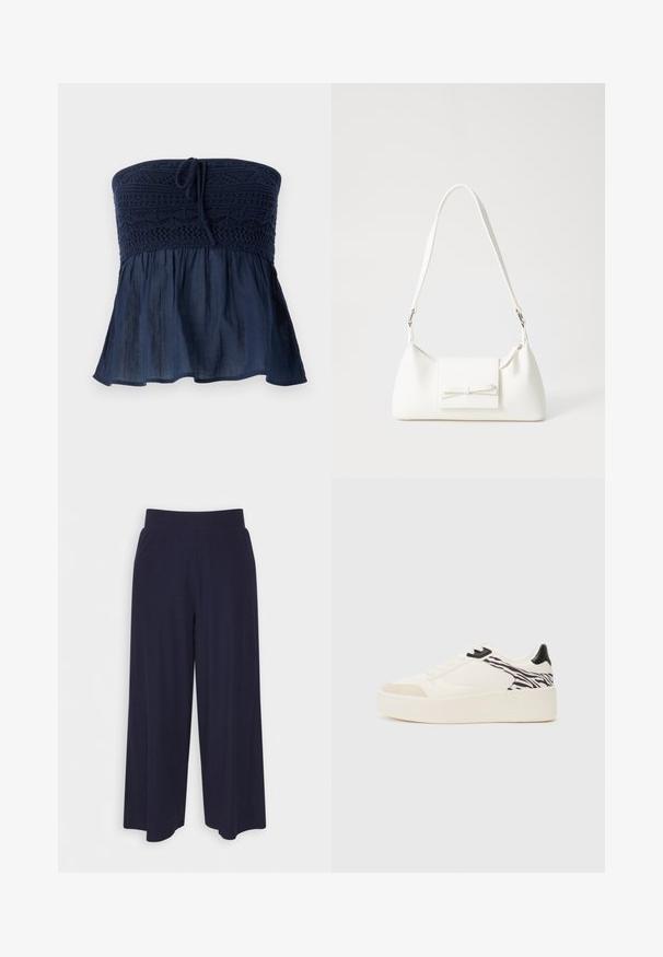 Marineblå stroppeløs topp med teksturert heklet skropp og en flytende, gjennomsiktig bunn. Har en knyte detalj i midten.; Bredde bukser i mørk marineblå stoff med ribbet tekstur. Har en glatt midje og en luftig silhuett, som når midt på leggen.; Even&Odd Joggesko - white/black; Hvit syntetisk håndveske med trekantet form, flat klaff foran og sløyfe detaljer, justerbar stropp, glatt tekstur og minimalistisk design.