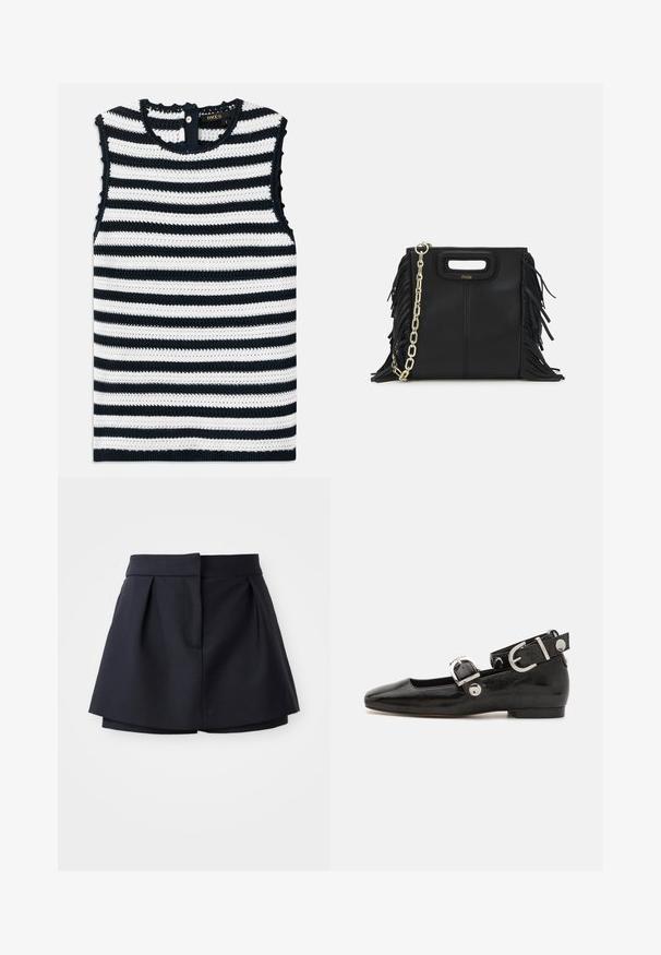 Beigio suknelė be rankovių, tamsiai mėlyna ir balta juostelė, pagaminta iš tekstūrinio mezgimo audinio, su mygtuko uždarymu nugaroje ir banguotais kraštais.; Jūriniai klostuoti šortai su aukštu liemeniu, pagaminti iš lygaus audinio. Turi prigludusią konstrukciją ir paslėptą priekinių kišenę.; Juodas lakinės odos plokščias batelis su kvadratiniu pirštu, kulkšnies dirželiu su sidabro detalėmis ir plokščiu padu. Sklandus paviršius su minimalistišku dizainu.; Juodas odinis rankų darbo rankinys su frinzuotomis detalėmis, auksine grandinės petneša ir išpjauto dizaino rankena. Pirmoje pusėje yra logotipo vieta.