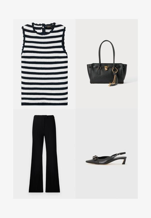 Sleeveless top in navy and white stripes, made of textured knit material, featuring a button closure at the back and scalloped edges.; Black flared pants featuring a smooth texture, tailored waistband, and front pockets, designed with a sleek, modern silhouette.; Black leather slingback shoe with pointed toe, small heel, and decorative buckle detail on the upper. Smooth texture, minimalistic design.; Black leather handbag with double handles, gold lock and chain detail, and black-and-white tassel accessory against white background.