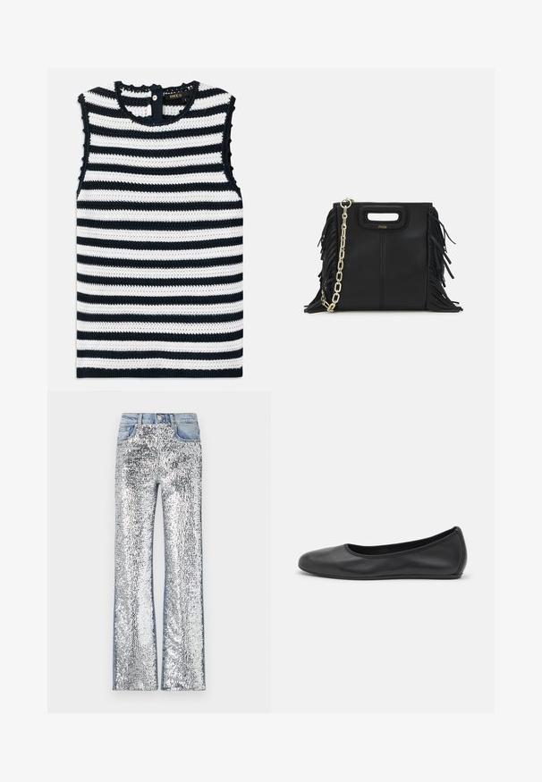 Beżowy top bez rękawów w granatowe i białe paski, wykonany z teksturowanej dzianiny, z zapięciem na guziki z tyłu i falbaniastymi krawędziami.; Srebrne dżinsy z cekinami w stylu dzwonów, z denimsowym pasem i bokami, tworzące teksturowaną, refleksyjną powierzchnię.; Czarne skórzane baletki z zaokrąglonym noskiem, gładką fakturą, minimalnymi przeszyciami i elastycznym designem podeszwy.; Czarna skórzana torebka na ramię z frędzlami, złotym łańcuszkiem oraz wyciętym uchwytem. Posiada umieszczone na przodzie logo.
