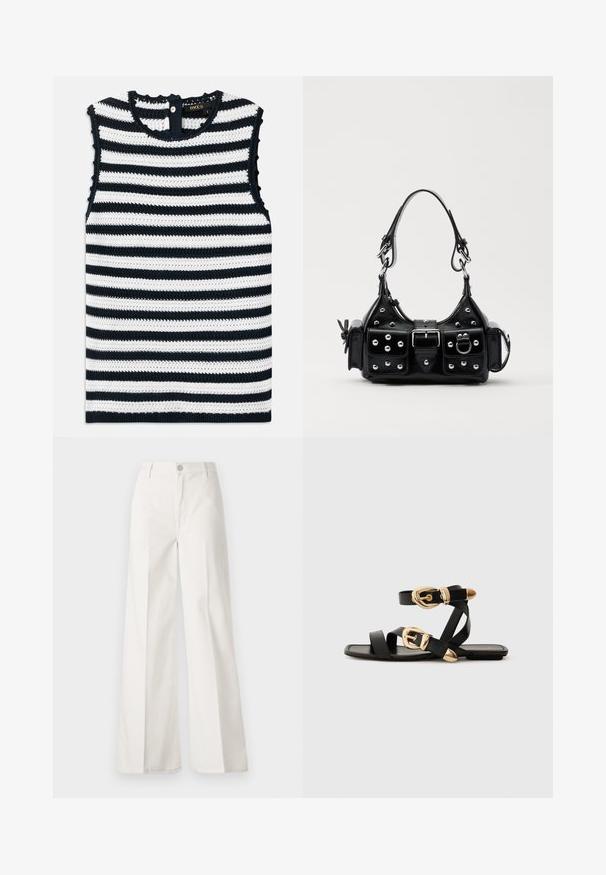 Mouwloze top in marineblauw en witte strepen, gemaakt van gestructureerd breimateriaal, met een knoopsluiting op de rug en geschulpte randen.; Witte wijde-broek gemaakt van katoen met een gladde textuur. Voorzien van een knoop aan de voorkant, ritsopening en vierzakkenontwerp.; Zwarte leren sandaal met gouden gespaccenten, voorzien van meerdere banden en een vlakke zool voor open-teenschoen gebruik.; Zwarte lederen handtas met een gebogen ontwerp, voorzien van zilveren studs, een gesp en twee zijvakken. Verstelbare schouderband voor verschillende draagmogelijkheden.