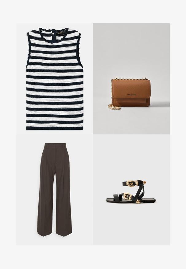 Särgmine kõrge kaelusega lühikeste varrukatega pluus, millel on hall ja valge triibuline disain, valmistatud tekstuurilisest kudumist, tagaküljel nööbi sulgemine ning sakilise äärega.; Tumepruunid lai jalad püksid kõrge vöökohaga, millel on korralikult pressitud kortsud, sile tekstuur ja täpselt sobiv lõige.; Mustad nahast sandaalid kuldsete pandlitega, millel on mitmed rihmad ja lame talladisain avatud varba jaoks.; Pruun tekstureeritud nahk ristkeha kott kuldse ahelaga rihmaga ja klapiga sulgemine. Esiküljel on logo detail ja tasku klapi all.