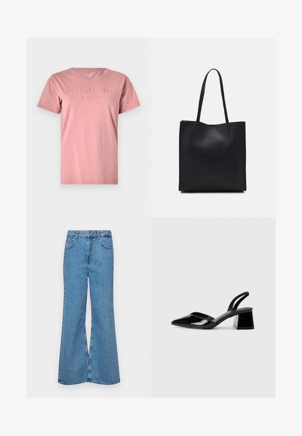 Roosa puuvillane T-särk ümmarguse kaeluse ja lühikeste varrukatega. Esiküljel on reljeefne tekst "PEPE JEANS LONDON WEST ELEVEN".; Heledad sinine flared teksade rõivad, millel on kõrge talje, viis taskut ja üks nupulukk. Pehme tekstuur ja pleekinud viimistlus.; Mustad musta lakknahk kingad, millel on terav varvas ja geomeetriline plokkkonts. Omab elegantselt minimalistlikku disaini ja sujuvat tekstuuri.; Mustast nahast kott sujuva tekstuuriga, ristkülikukujuline ja kahe pika sangaga. Pole nähtavat riistvara ega kaunistusi.