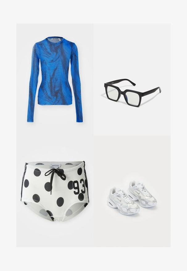 Duga majica s dugim rukavima u plavoj boji s vrtložnim crnim uzorcima, izrađena od laganog, poluprozirnog materijala. Okrugli izrez i pripijen dizajn.; Crne i bijele kupaće gaće s jednobojnim točkicama, s pojasom na vezanje, na prednjoj strani s brojem "93" i glatkim, rastezljivim materijalom.; Bijele atletske tenisice s mrežastim gornjištem i srebrnim detaljima, jedinstvenog oblika i zračnim jastučićem u peti. Dizajn sa vezicama i logotipom.; Crne sunčane naočale s mat finishem, s transparentnim lećama i blagim plavim tonom s jedne strane. Robustan, angularan dizajn.
